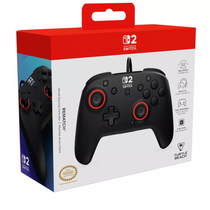 Przewodowy kontroler do gier Turtle Beach Rematch dla Nintendo Switch 2 — USB‑C, kabel 3 m, przycisk wsteczny, D‑pad, czarny