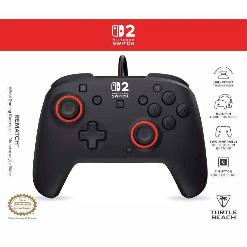 Przewodowy kontroler do gier Turtle Beach Rematch dla Nintendo Switch 2 — USB‑C, kabel 3 m, przycisk wsteczny, D‑pad, czarny