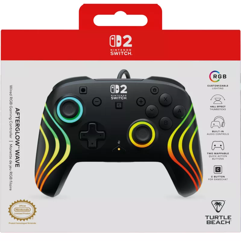 Gamepad Turtle Beach Afterglow Wave Czarny Przewodowy Kontroler RGB dla Nintendo Switch / Switch 2, USB-C, kabel 3 m