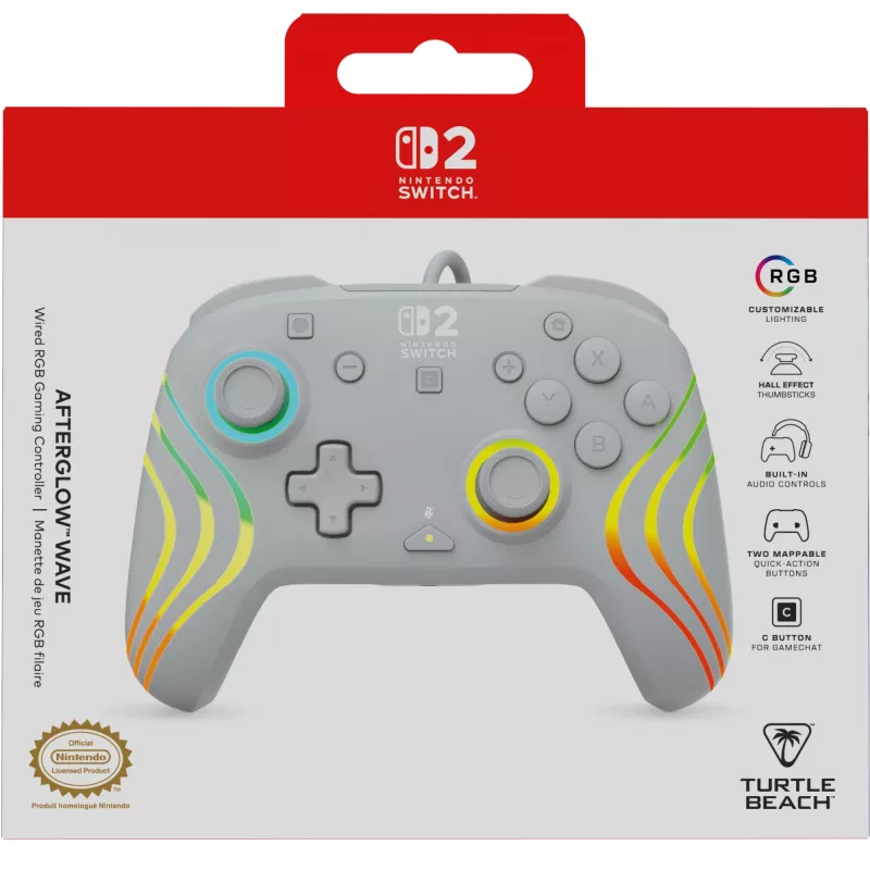 Przewodowy kontroler RGB do gier Turtle Beach Afterglow Wave Szary — USB‑C, kabel 3 m, do Nintendo Switch / Switch 2 / Switch OLED