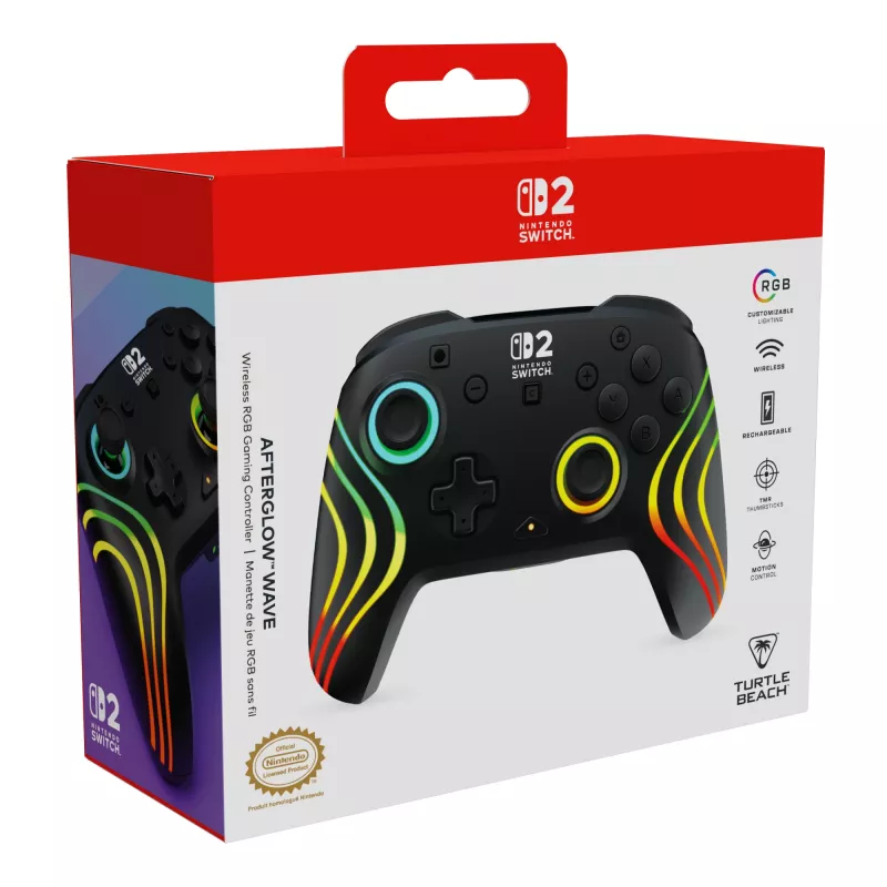 Bezprzewodowy kontroler RGB do gier Turtle Beach Afterglow Wave Czarny dla Nintendo Switch 2 — Bluetooth/USB-C, wbudowana bateria 20 godz., kabel 3 m