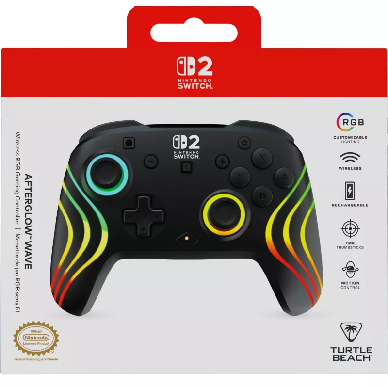 Bezprzewodowy kontroler RGB do gier Turtle Beach Afterglow Wave Czarny dla Nintendo Switch 2 — Bluetooth/USB-C, wbudowana bateria 20 godz., kabel 3 m