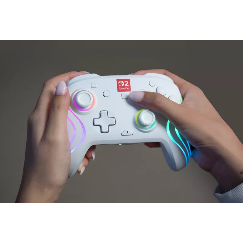 Bezprzewodowy kontroler do gier RGB Turtle Beach Afterglow Wave biały dla Nintendo Switch 2, Bluetooth/USB-C, wbudowana bateria 20h, kabel 3m