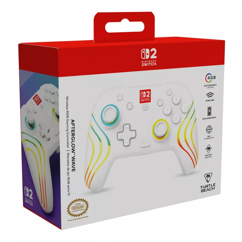 Bezprzewodowy kontroler do gier RGB Turtle Beach Afterglow Wave biały dla Nintendo Switch 2, Bluetooth/USB-C, wbudowana bateria 20h, kabel 3m