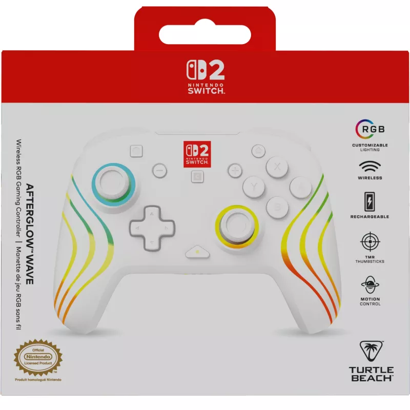 Bezprzewodowy kontroler do gier RGB Turtle Beach Afterglow Wave biały dla Nintendo Switch 2, Bluetooth/USB-C, wbudowana bateria 20h, kabel 3m