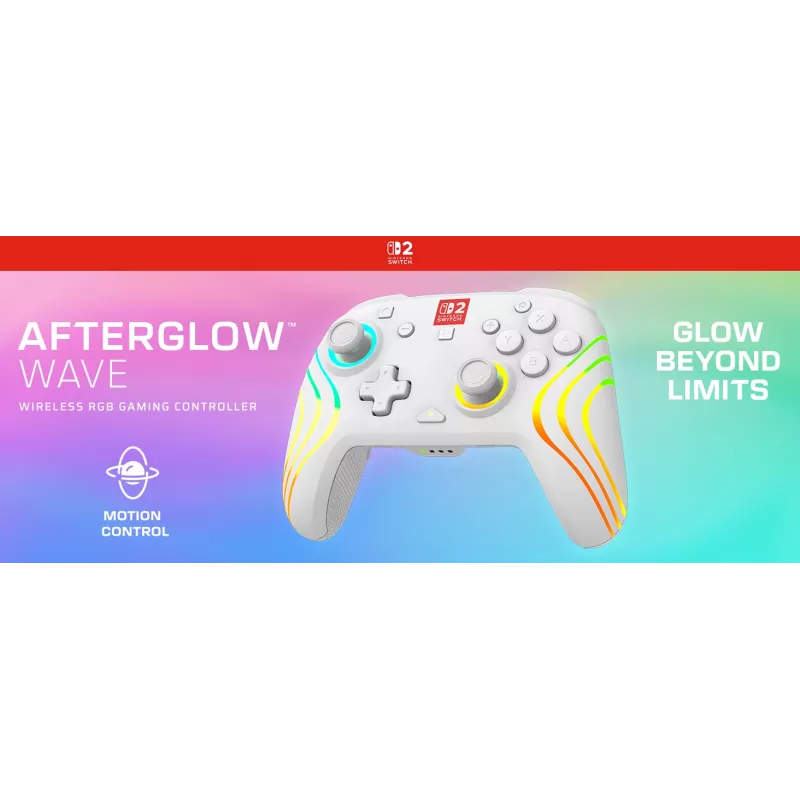 Bezprzewodowy kontroler do gier RGB Turtle Beach Afterglow Wave biały dla Nintendo Switch 2, Bluetooth/USB-C, wbudowana bateria 20h, kabel 3m