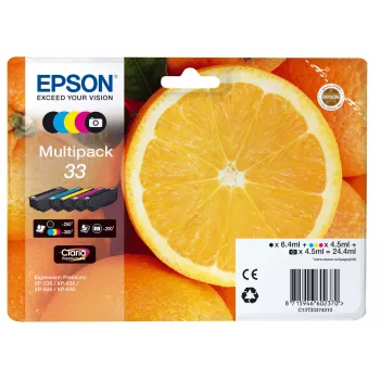 Epson pomarańczowys Multipack 5-kolorowy 33 Claria Premium Ink, Wydajność standardowa, Czarny, Czarny fotograficzny, Cyjan, magenta, Żółty, Tusz pigmentowy, Tusz barwnikowy, 6,4 ml, 4,5 ml
