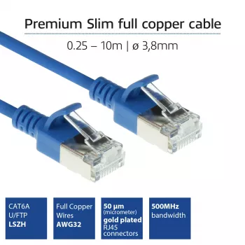 Kabel krosowy ACT niebieski 1,5 m LSZH U/FTP CAT6A do centrów danych slimline z wtykami RJ45