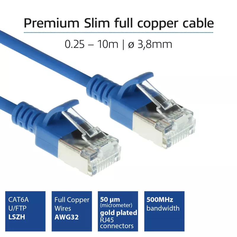 Kabel krosowy ACT niebieski 1,5 m LSZH U/FTP CAT6A do centrów danych slimline z wtykami RJ45