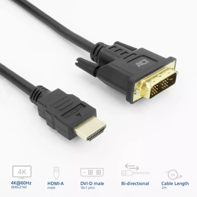 ACT AK3735 adapter kabla wideo 2 m HDMI Typ A (Standard) DVI-D Czarny