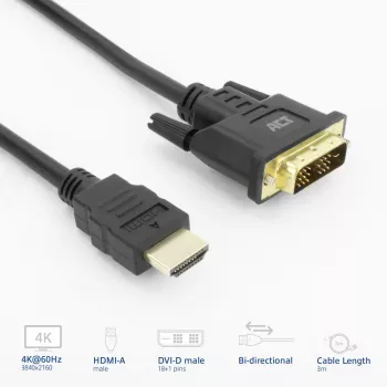 adapter kablowya wideo ACT AK3736 3 m HDMI Typ A (Standardowy) DVI-D Czarny