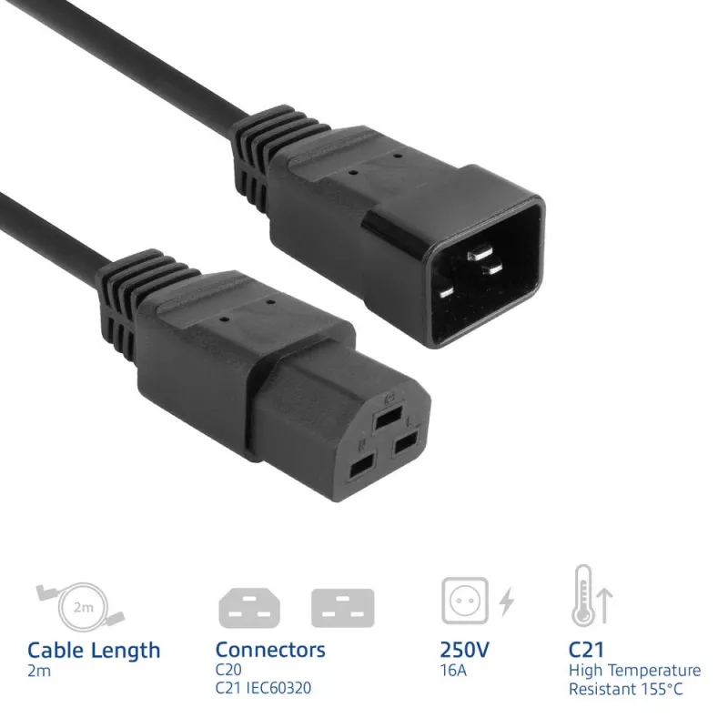 Kabel zasilający ACT C20–C21 IEC60320 czarny 2 m, 250 V 16 A