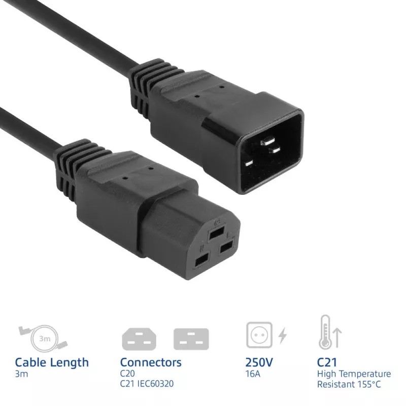 Kabel zasilający ACT C20–C21 IEC60320 czarny 3 m, 16 A, 250 V