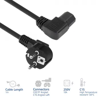 ACT przewód zasilający wtyk CEE7/7 męski (kątowy) - C15 (kątowy lewy) IEC60320 czarny 1 m