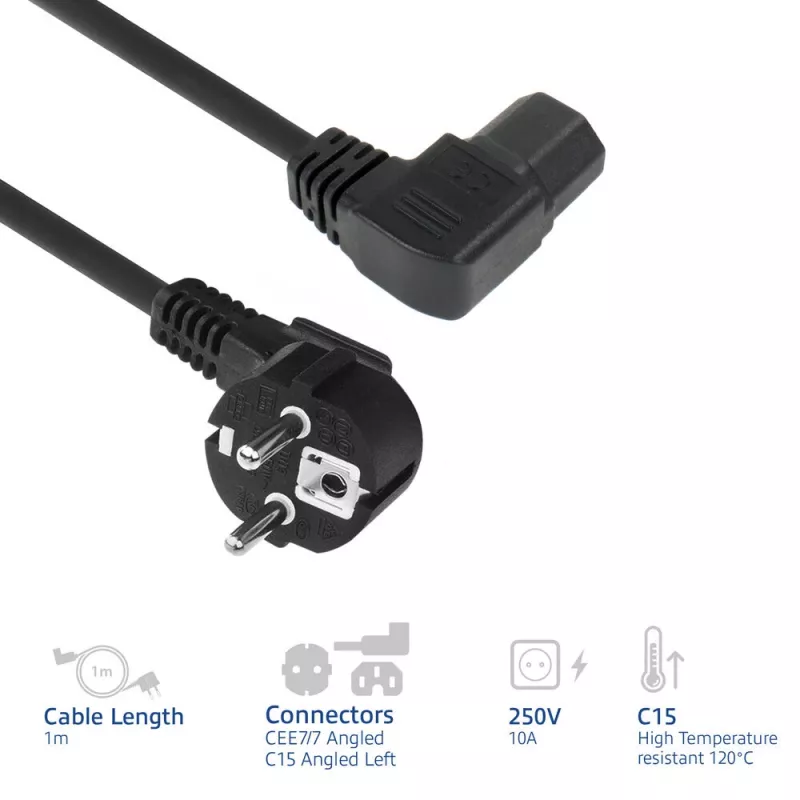 ACT przewód zasilający wtyk CEE7/7 męski (kątowy) - C15 (kątowy lewy) IEC60320 czarny 1 m