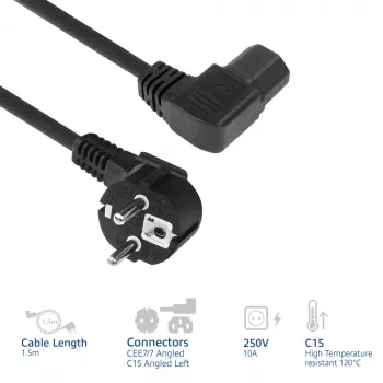 ACT Powercord złącze sieciowe CEE7/7 męskie (kątowe) - C15 (kątowe lewe) IEC60320 czarny 1,5 m