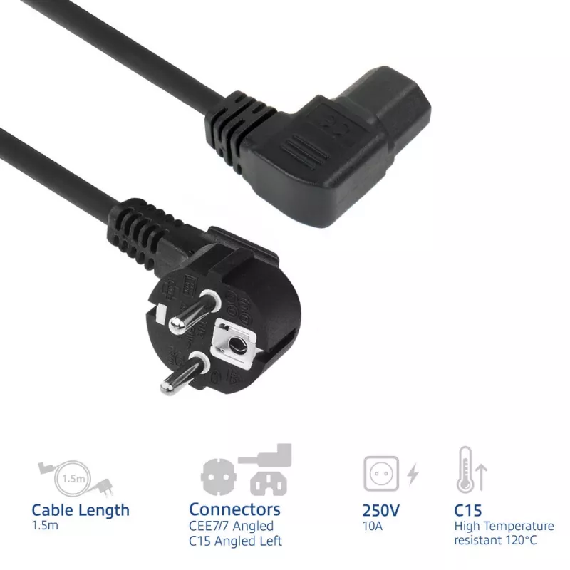 ACT Powercord złącze sieciowe CEE7/7 męskie (kątowe) - C15 (kątowe lewe) IEC60320 czarny 1,5 m