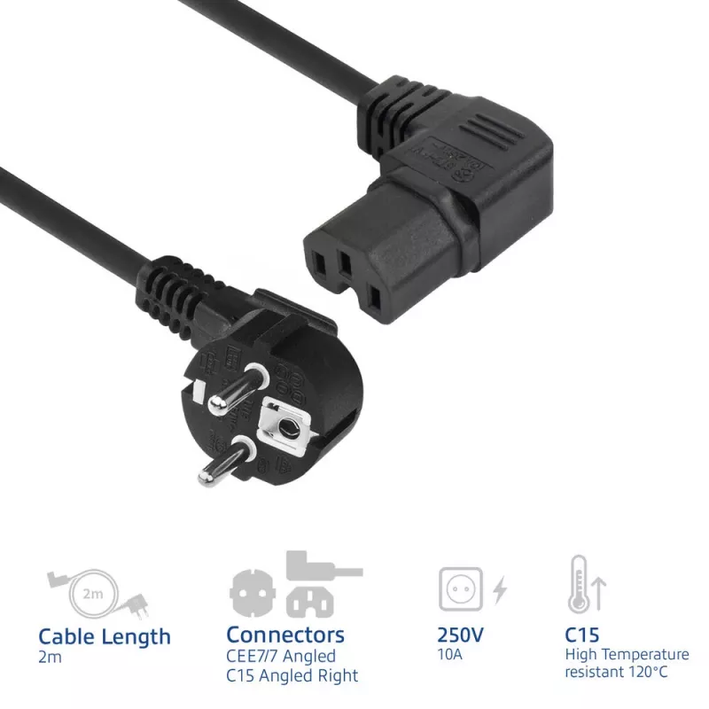 ACT Powercord złącze zasilające CEE 7/7 męskie (kątowe) - C15 (kątowe prawe) IEC60320 czarny 2 m