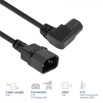 ACT Powercord C14 - C15 (kątowy lewy) IEC60320 czarny 0,6 m