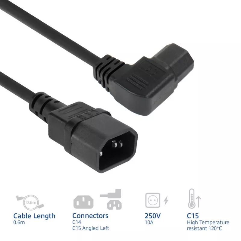 ACT Powercord C14 - C15 (kątowy lewy) IEC60320 czarny 0,6 m