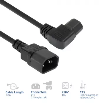 Kabel zasilający ACT C14 - C15 (kątowy w lewo) IEC60320 czarny 1,2 m