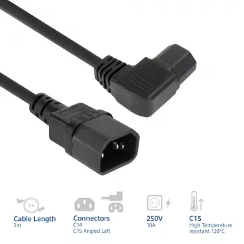 Kabel zasilający ACT C14 - C15 (kątowy w lewo) IEC60320 czarny 2 m