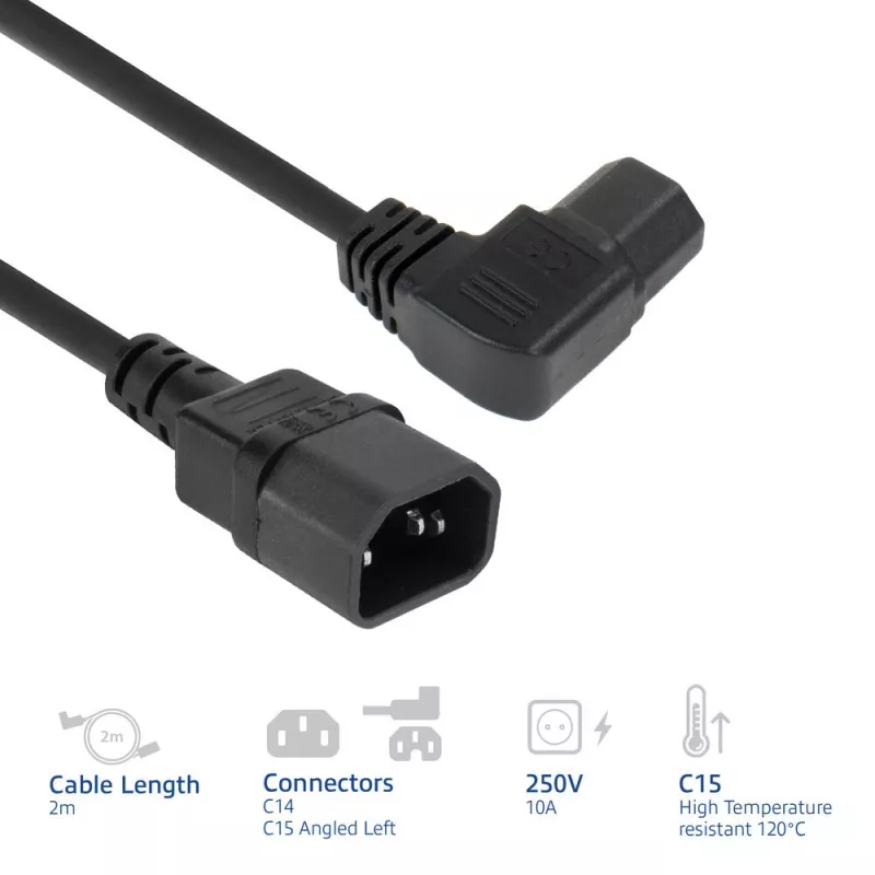 Kabel zasilający ACT C14 - C15 (kątowy w lewo) IEC60320 czarny 2 m