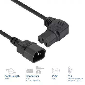 ACT Kabel zasilający C14 - C15 (kątowy prawy) IEC60320 czarny 0,6 m