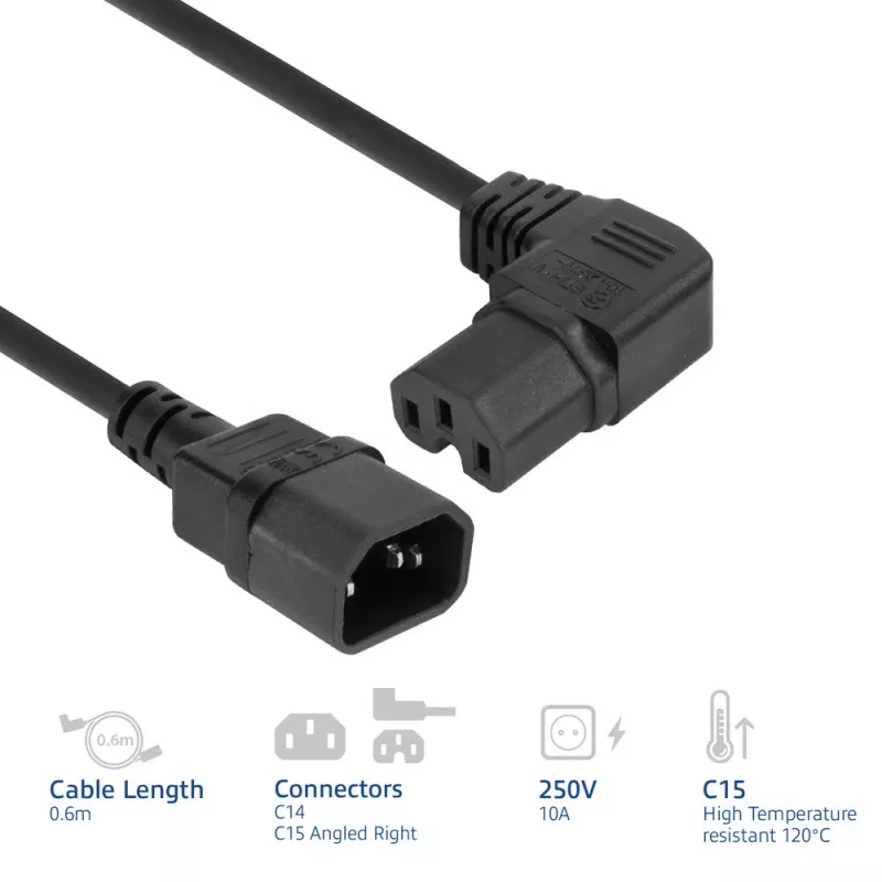 ACT Kabel zasilający C14 - C15 (kątowy prawy) IEC60320 czarny 0,6 m