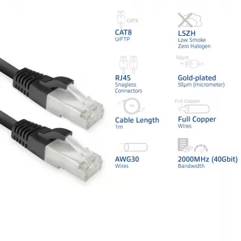 Kabel sieciowy ACT Cat8 U/FTP (STP) FB8101 — 1 m, RJ-45 na RJ-45, czarny