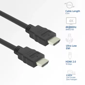 Kabel HDMI ACT AK3870 0,5 m — wtyk HDMI typu A na wtyk HDMI typu A, HDMI 2.0, 18 Gbit/s, ARC, pozłacane styki, czarny