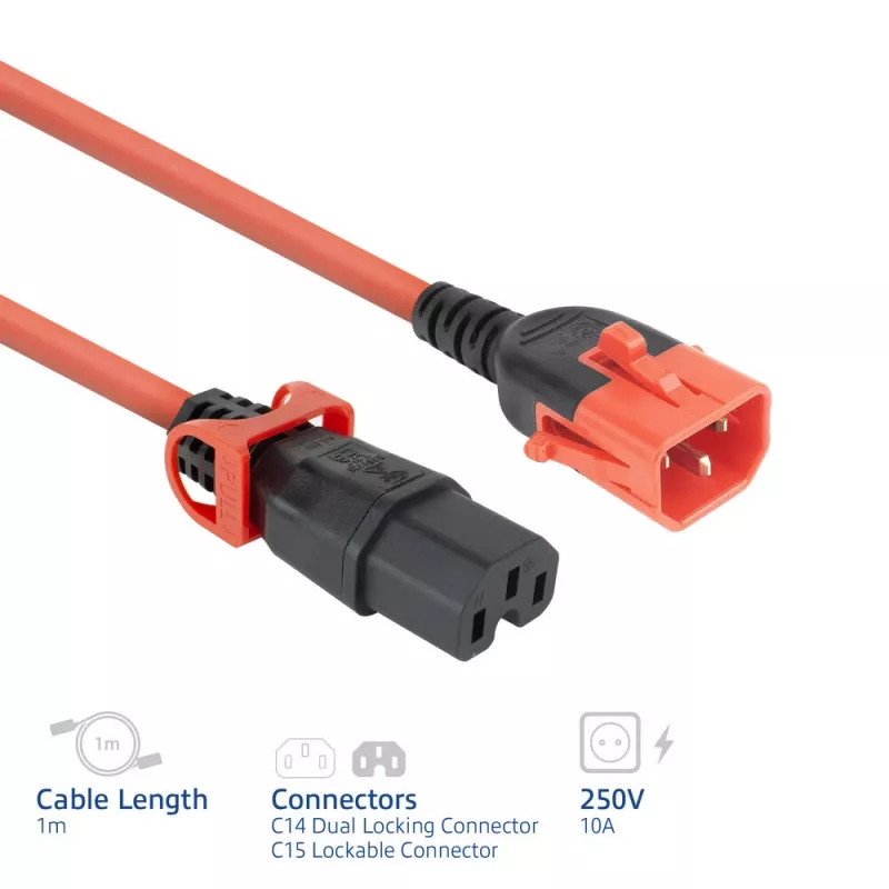 ACT Powercord C14 IEC Lock+ Dual Locking - C15 IEC Lock+ czerwony 1 m, PC3869