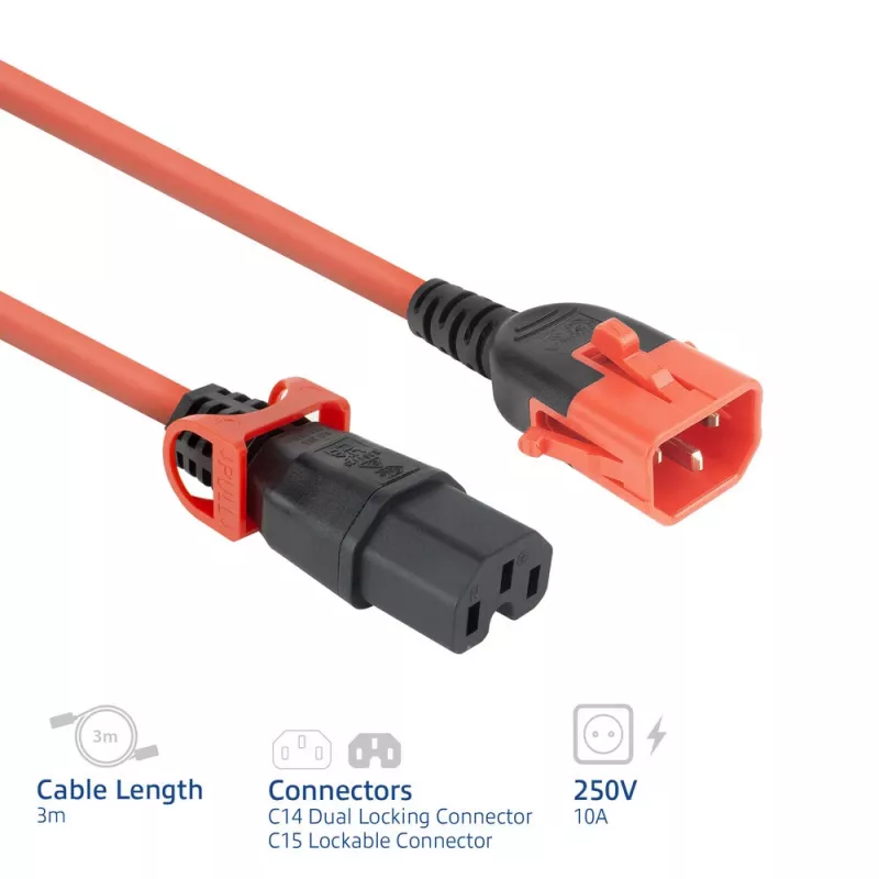 Przewód zasilający ACT C14 IEC Lock+ Dual Locking do C15 IEC Lock+ czerwony, 3 m, 250V 10A
