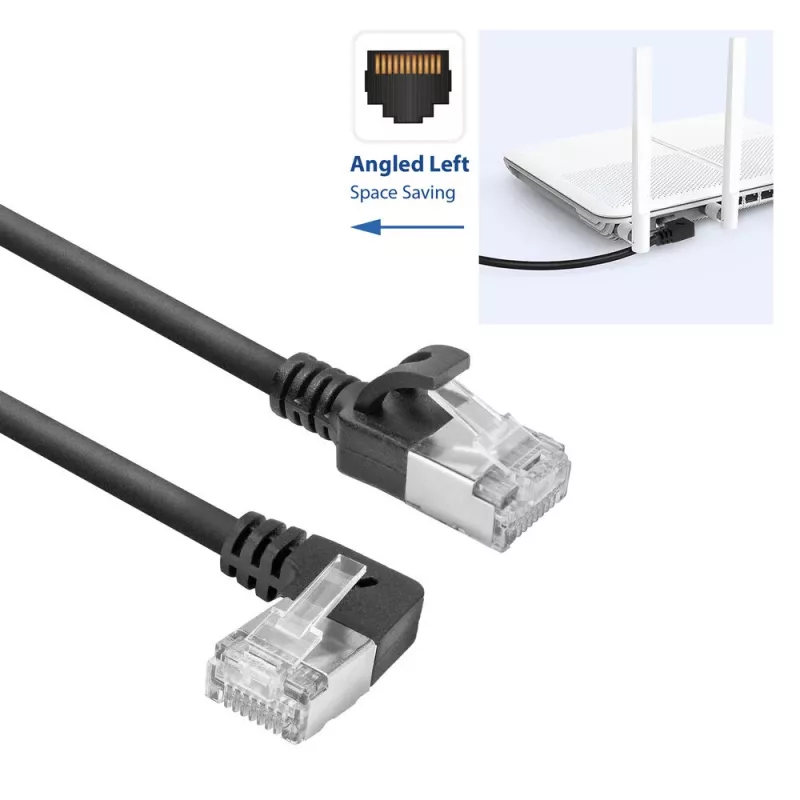 ACT Czarny 2 m U/FTP CAT6A LSZH Slimline patch kabel z wtykami RJ45 90° w lewo na prosty