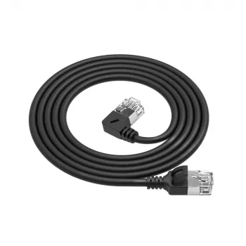 ACT czarny 1,5 m U/FTP CAT6A LSZH cienki kabel krosowy z wtykami RJ45, 90° kątowy lewy do prostego
