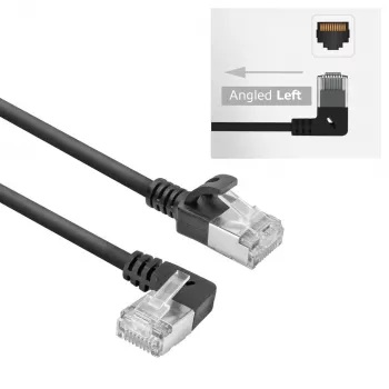 ACT czarny 0,25 m cienki kabel krosowy U/FTP CAT6A LSZH ze złączami RJ45 90° w lewo prosty