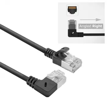 ACT Czarny 0.15 m U/FTP CAT6A LSZH cienki przewód krosowy z wtykami RJ45 90° kątowy w prawo na prosty