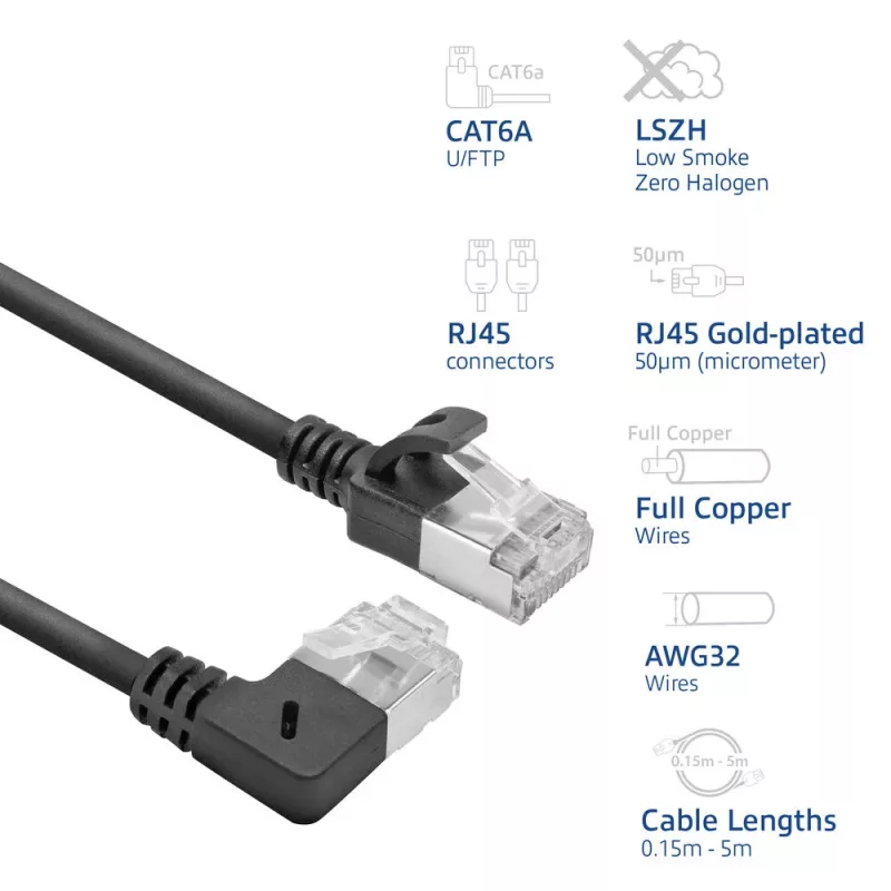 ACT Czarny 0.15 m U/FTP CAT6A LSZH cienki przewód krosowy z wtykami RJ45 90° kątowy w prawo na prosty