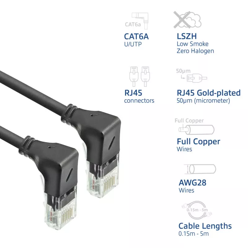 ACT czarny 3 metry U/UTP CAT6A LSZH Slimline patch kabel z wtykami RJ45 90° w dół na 90° w dół