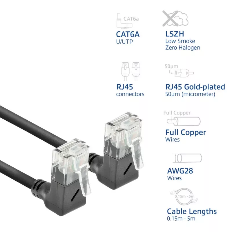 ACT Czarny 5 metrów U/UTP CAT6A LSZH Slimline kabel krosowy ze złączami RJ45 90° kątowo w górę do 90° kątowo w górę