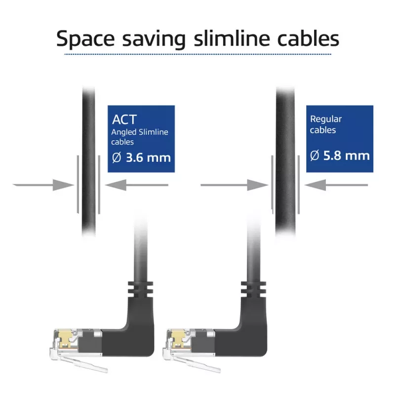 ACT Czarny 5 metrów U/UTP CAT6A LSZH Slimline kabel krosowy ze złączami RJ45 90° kątowo w górę do 90° kątowo w górę