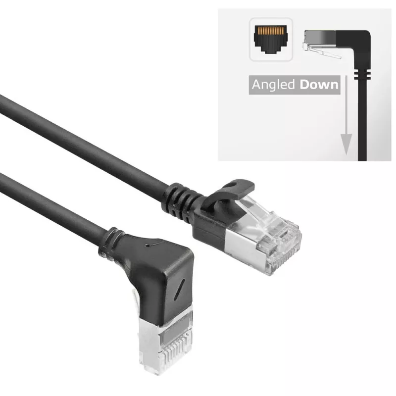 ACT Czarny 2 m U/FTP CAT6A LSZH Slimline patch kabel ze złączami RJ45 90° skierowanym w dół do prostego