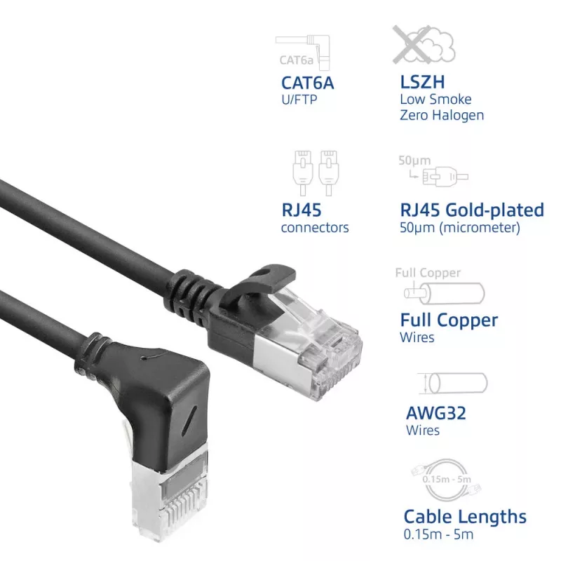 ACT Czarny 2 m U/FTP CAT6A LSZH Slimline patch kabel ze złączami RJ45 90° skierowanym w dół do prostego