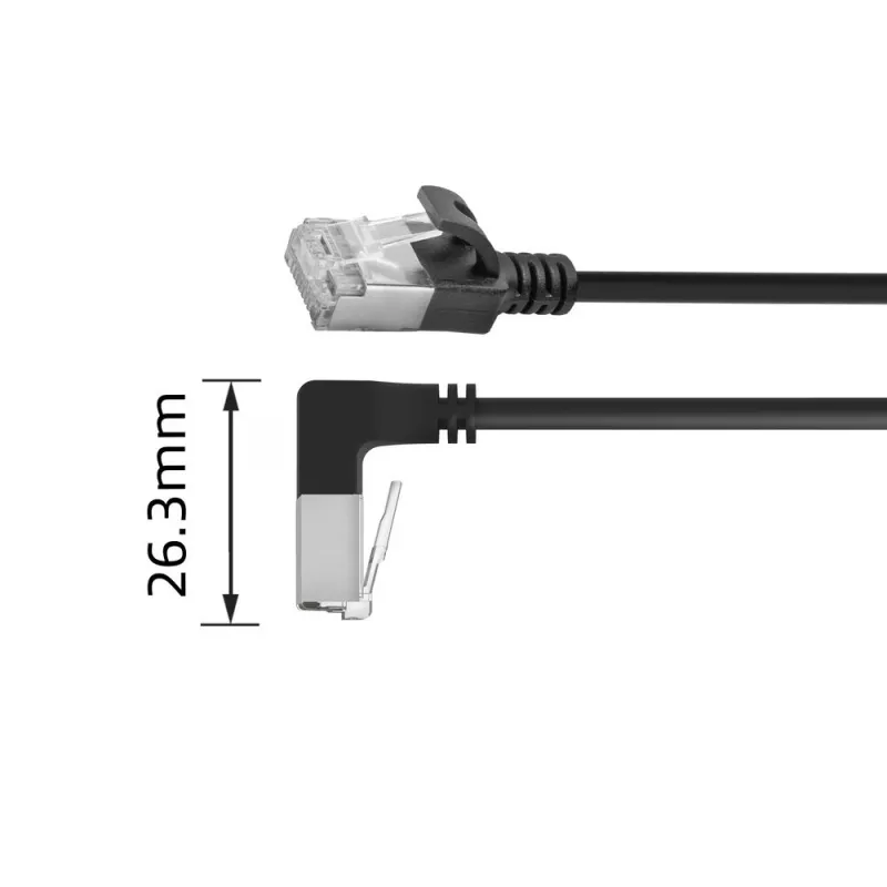 ACT Czarny 2 m U/FTP CAT6A LSZH Slimline patch kabel ze złączami RJ45 90° skierowanym w dół do prostego