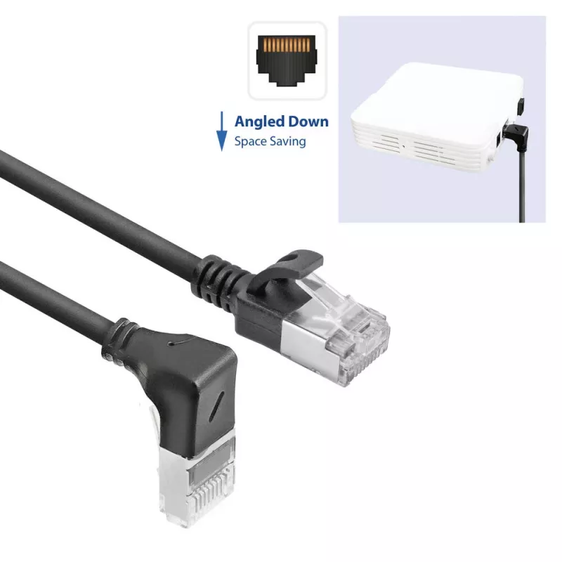 ACT czarny 3 m U/FTP CAT6A LSZH smukły kabel krosowy z wtykami RJ45 90° w dół do prostego