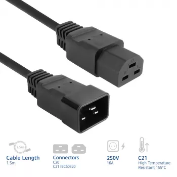 Kabel zasilający ACT C20–C21 IEC60320 czarny 1,5 m, 16 A, 250 V