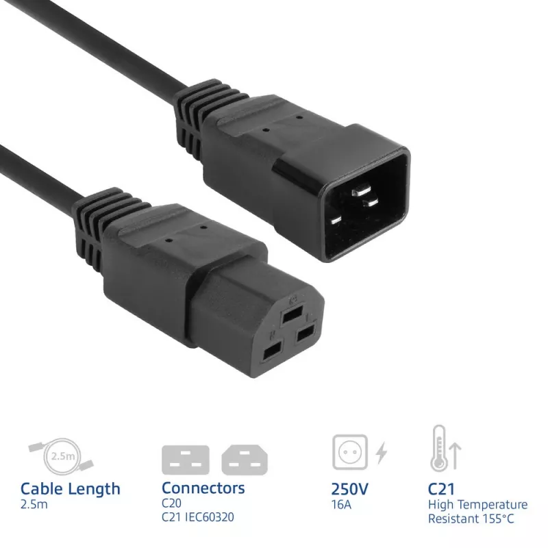 Kabel zasilający ACT C20–C21 IEC60320 czarny 2,5 m, 16 A, 250 V