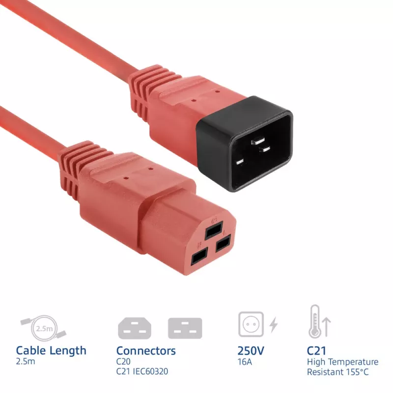 Kabel zasilający ACT C20–C21 IEC60320 czerwony 2,5 m, 16 A 250 V