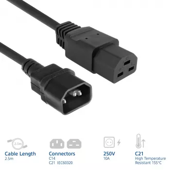 Przewód zasilający ACT C14 na C21 IEC60320 czarny 2,5 m, 250 V, 10 A