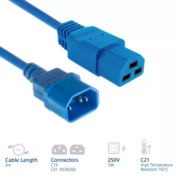 Kabel zasilający ACT C14 na C21 IEC60320 niebieski 2 m, 250 V 10 A